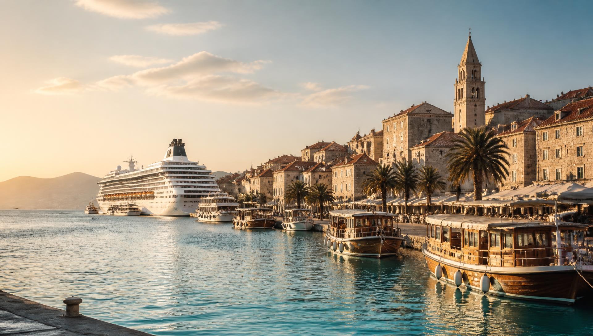 A cruise ship berthed beside a historic Mediterranean waterfront at golden hour